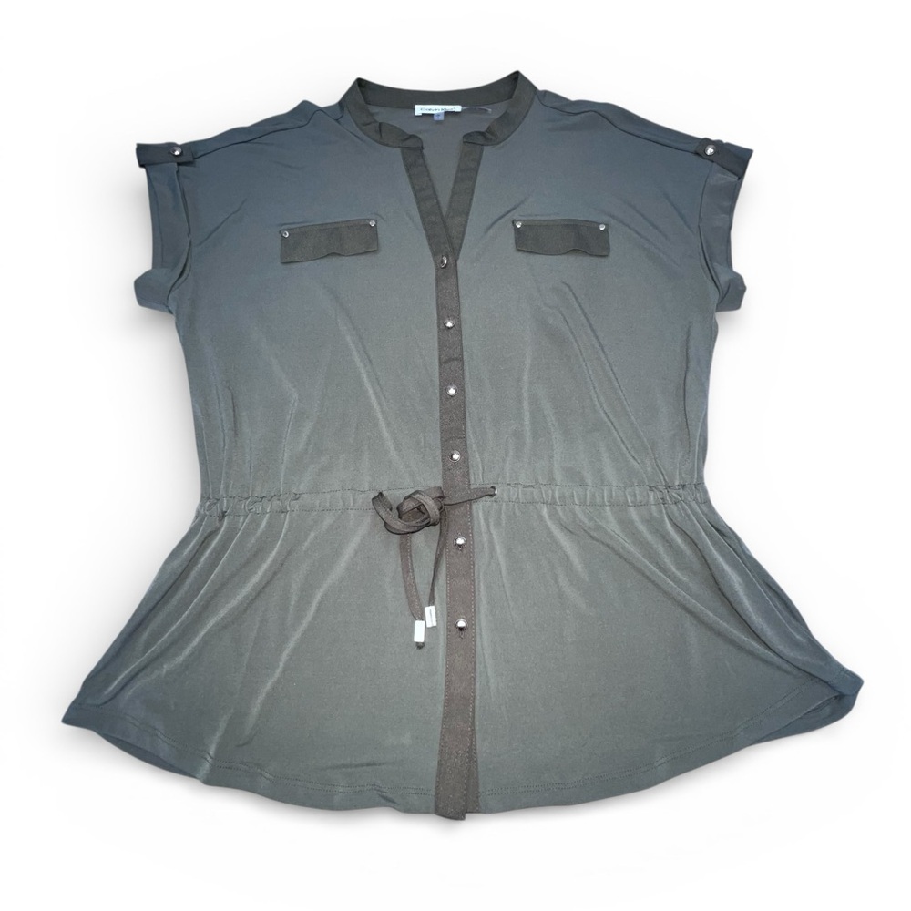 Calvin Klein Olive Short sleeve Button-Down Shirt w/Cinched Waist - Picture 5 of 6